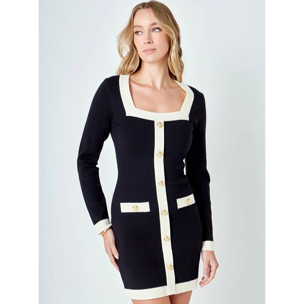 Endless Rose Contrast Trim Knit Mini Dress Gold Button Size Large
